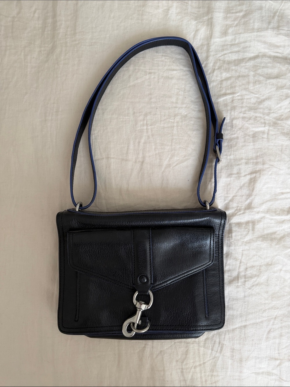 Vintage Black Shoulder Bag With Blue Piping